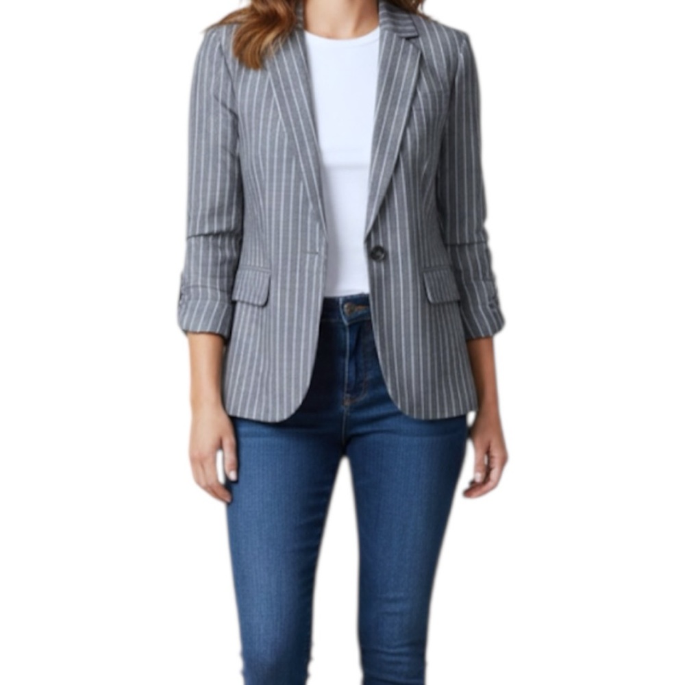 IPEKYOL Gray White Striped One Button Linen Blend Casual Career Blazer Size 8